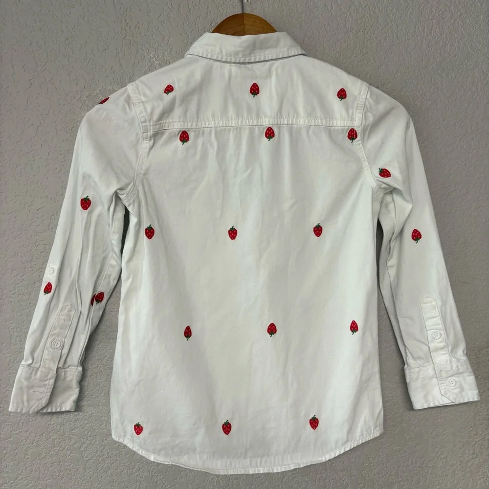 Boden Pink Striped Strawberry Print Relaxed Cotton Button Front‎ Shirt Girls 8-9